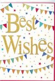 In this image, a cheerful Best Wishes card is displayed, radiating the kind of friendly positivity you might associate with a sunny day exploring Holloway. The centre of the card is dominated by the words Best Wishes, written in sweeping, cursive gold script that feels both elegant and welcoming. The lettering looks slightly embossed, with a glitter-kissed finish that reflects light gently, giving the impression of a soft, glowing shimmer against the plain white backdrop. Surrounding the message, curved strands of bunting arch across the top and bottom like festive garlands stretched between buildings along Holloway Road during a local event. Each tiny triangular flag is filled with bright colour-deep blues, bold reds, lively greens, and warm yellows-and many are printed with miniature patterns such as dots, stripes, and small geometric accents, adding texture and visual interest. The bunting's arcs naturally guide your eye toward the golden words at the centre. Sprinkled between and around these colourful flags are delicate stars and small, circular confetti dots, echoing the same palette and bringing in extra touches of gold that link back to the script. These scattered shapes give a sense of motion, as if confetti has just been thrown in a moment of shared joy. The overall design is playful but uncluttered, thanks to the thoughtful use of white space, making it perfect for sending congratulations on a new job in N7, wishing luck for a new course near Archway, or simply lifting a friend's spirits. Although there are no blooms pictured, the card feels ready to accompany a fresh bouquet, carrying its sparkling message of encouragement and happiness to any doorstep in the Holloway area.