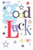 Good luck card with the words Good Luck splashed across a crisp white background in oversized pastel blue, deep red, moss green, and rich purple lettering, surrounded by scattered stars in navy, lilac, lemony lime, and sky blue, photographed as if resting on a clean counter in a Holloway flower shop. The fonts dance together like a carefully styled bouquet, some letters rounded and playful, others tall and bold, creating the same feeling of layered texture you get from mixing roses, lisianthus, and lush greenery in a hand-tied arrangement. Around the phrase, tiny stars in different sizes seem to float outward, some solid and inky, others soft and translucent, echoing the idea of dreams and new beginnings stretching across a clear night sky above Holloway Road. Although the card is smooth and flat, the print looks almost touchable, like the satin finish of quality cardstock you might find beside the till at Flowers Holloway, ready to be slipped in with a bouquet for a new job, a big exam at a local college, or a first performance at a nearby arts venue. The white space feels airy and modern, letting each colour breathe in the same way a florist leaves space around statement blooms. The whole design radiates warm encouragement and youthful energy, like that moment when you press a thoughtfully chosen card into someone's hand before they head off on a fresh chapter, carrying the quiet comfort of knowing that someone nearby in Holloway believes in them.